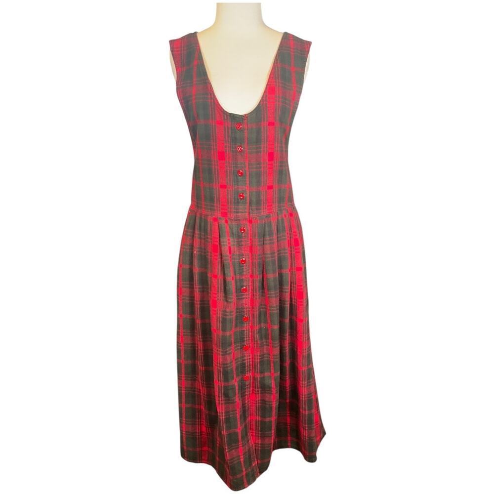 Vintage Woolrich Red Plaid Jumper Dress Sleeveless Buttons cottagecore Cotton L - Picture 5 of 12